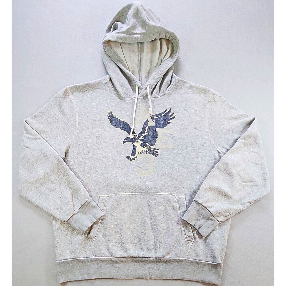 American Eagle Men's Gray Pullover Hoodie Eagle Logo Graphic Pockets, L